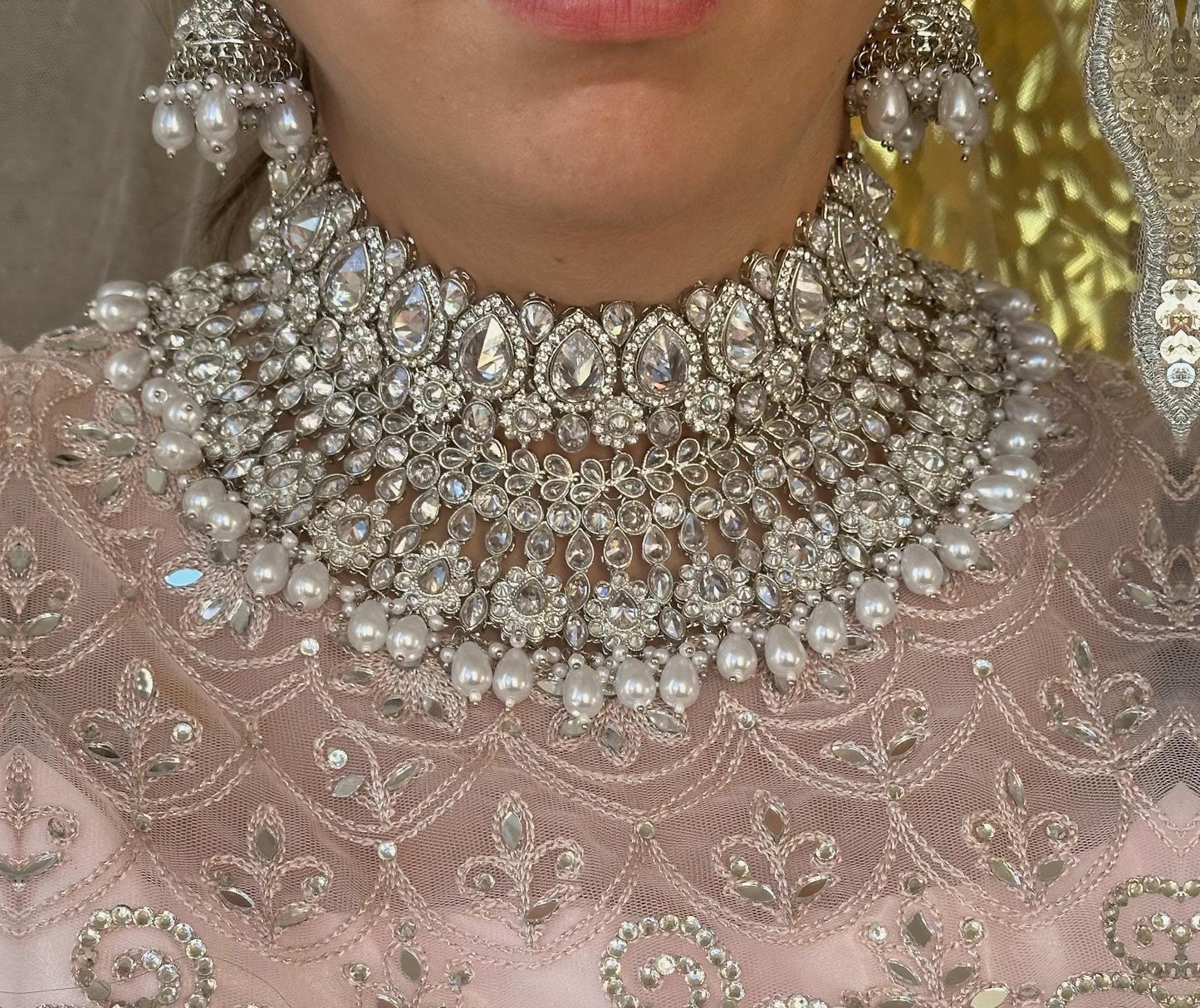 Silver Bridal Set - Pearl Indian/ Pakistani Style With Jhumka earring, Tikka/Tikli/ Wedding/ Fashion Jewellery/ Necklace set