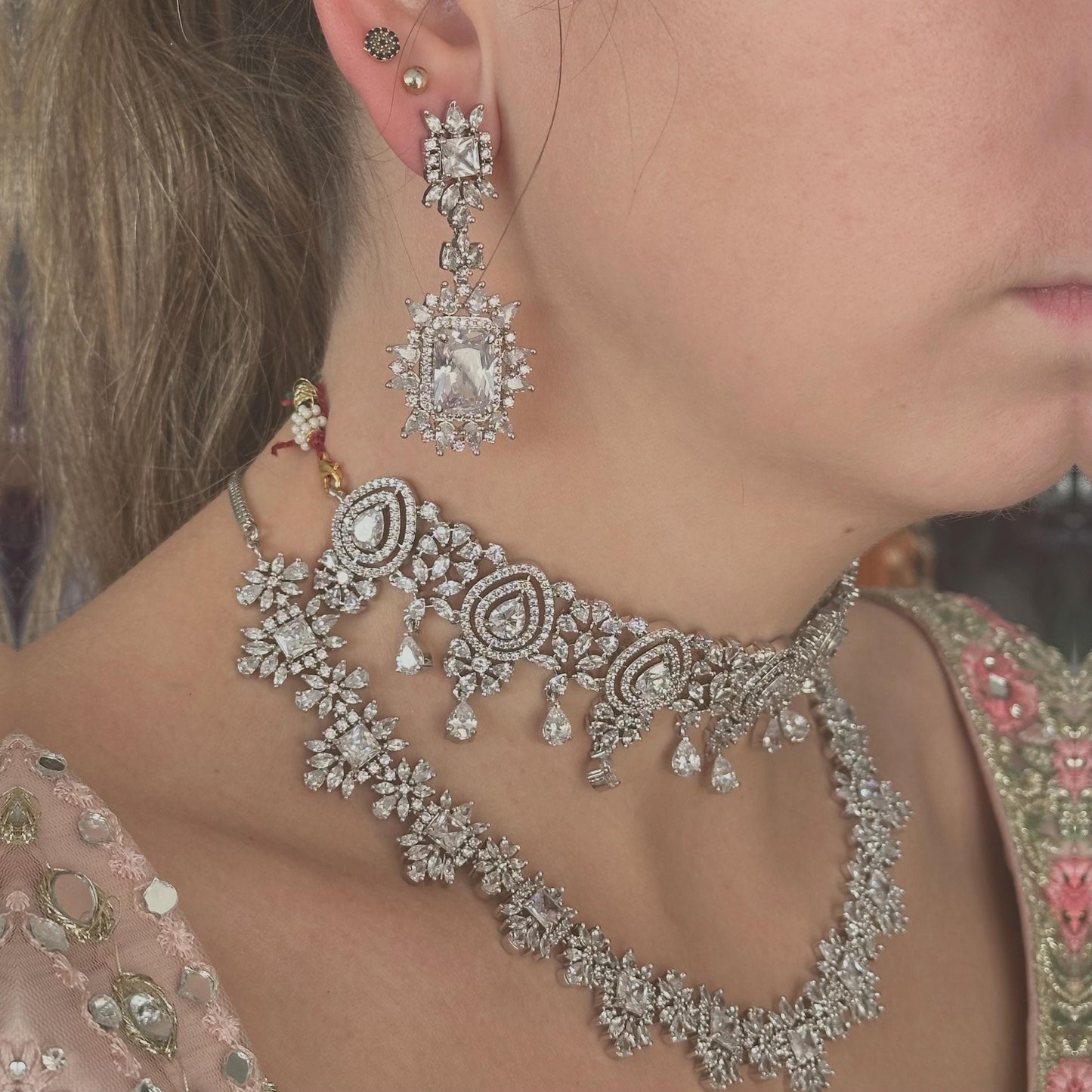 Silver Necklace & Choker Diamante Necklace with Earring/Reception/Christmas/New Years Party/Fashion Jewellery/ Gift for Women