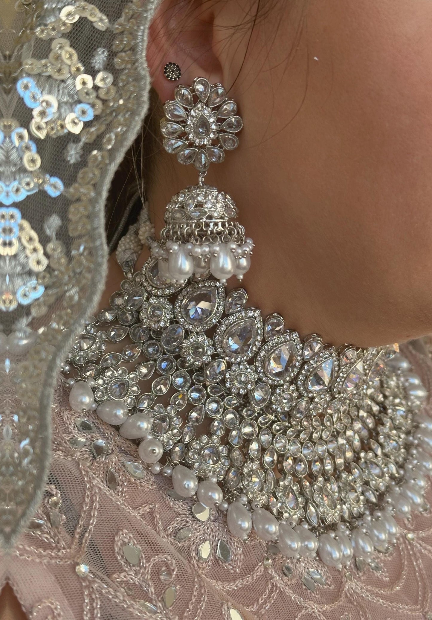 Silver Bridal Set - Pearl Indian/ Pakistani Style With Jhumka earring, Tikka/Tikli/ Wedding/ Fashion Jewellery/ Necklace set