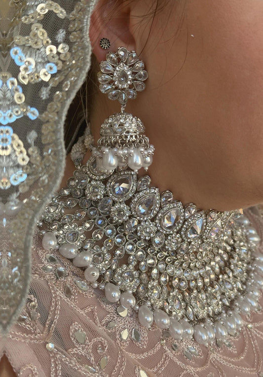Silver Bridal Set - Pearl Indian/ Pakistani Style With Jhumka earring, Tikka/Tikli/ Wedding/ Fashion Jewellery/ Necklace set