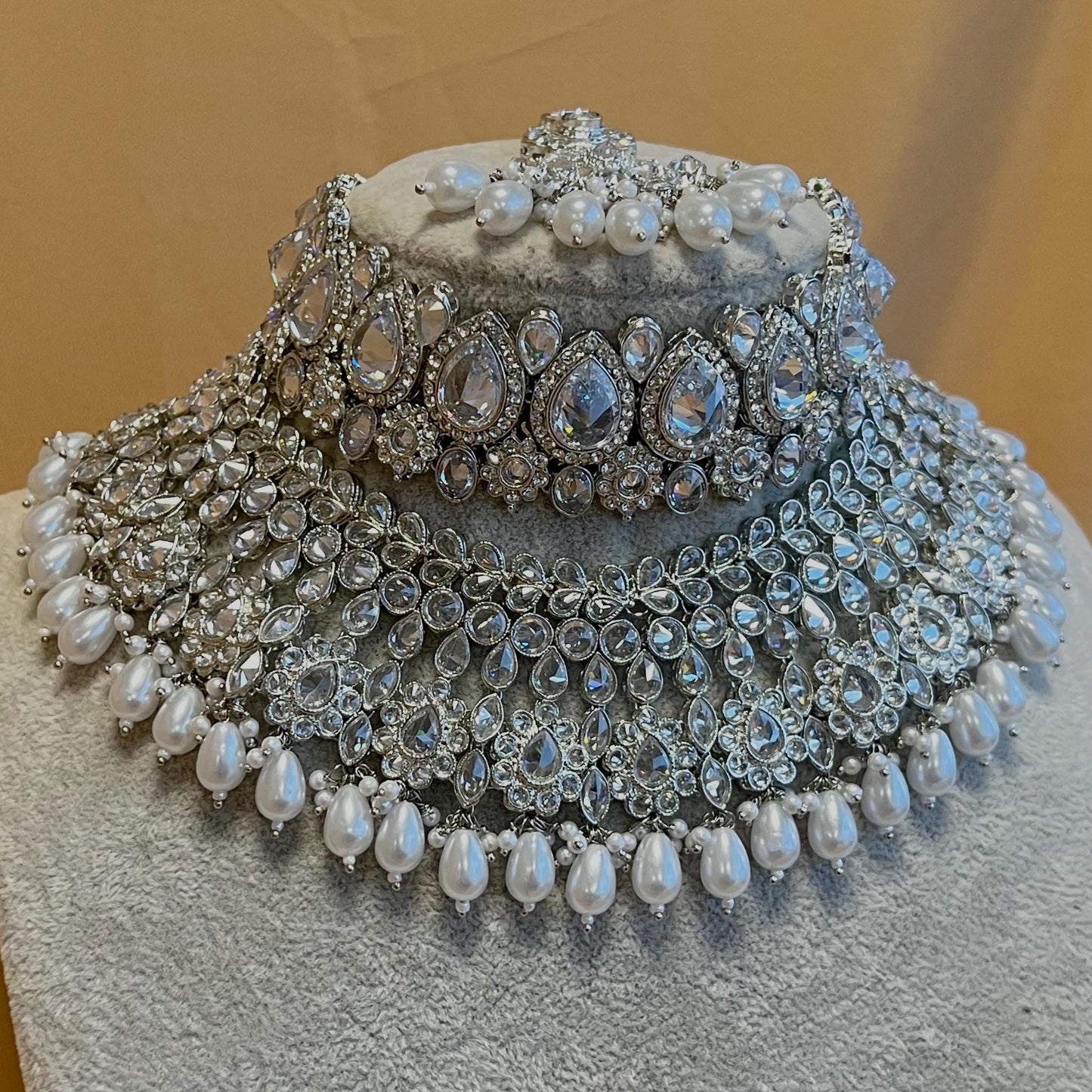 Silver Bridal Set - Pearl Indian/ Pakistani Style With Jhumka earring, Tikka/Tikli/ Wedding/ Fashion Jewellery/ Necklace set
