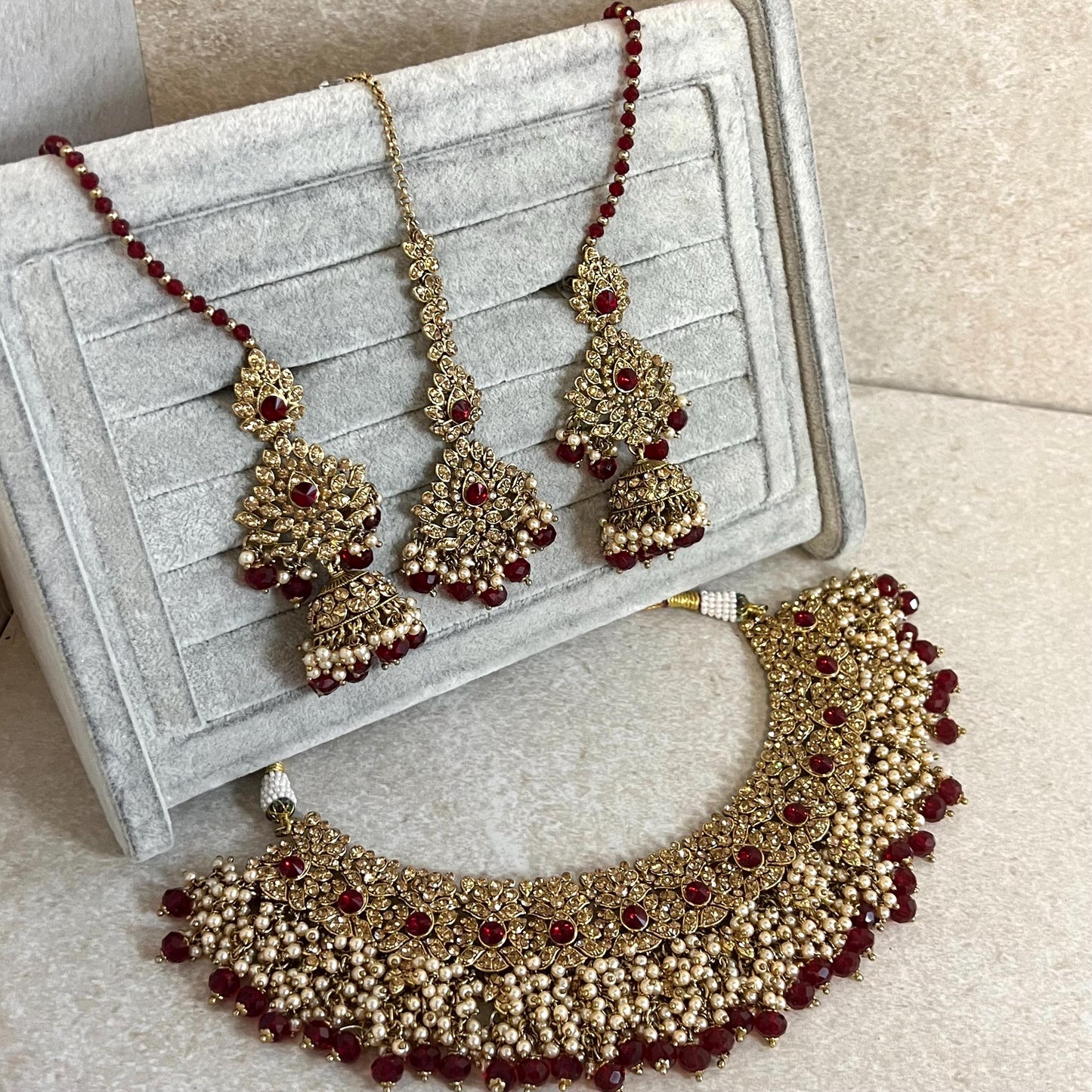 Maroon Bridal Necklace Set Indian/ Pakistani Style/ Wedding/ Fashion Jewellery/ Necklace set/Jhumka Earring/ Tikka/ High Quality Bridal Set