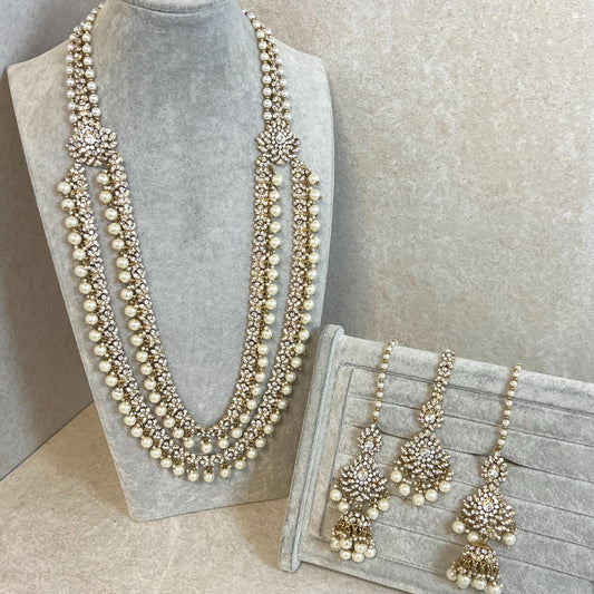 Antique Gold with Clear Rhinestone Long Necklace set With Jhumka Earring and Tikka/long necklace/ Haar/ Mala/ Earring/Wedding/Fashion/ Bride