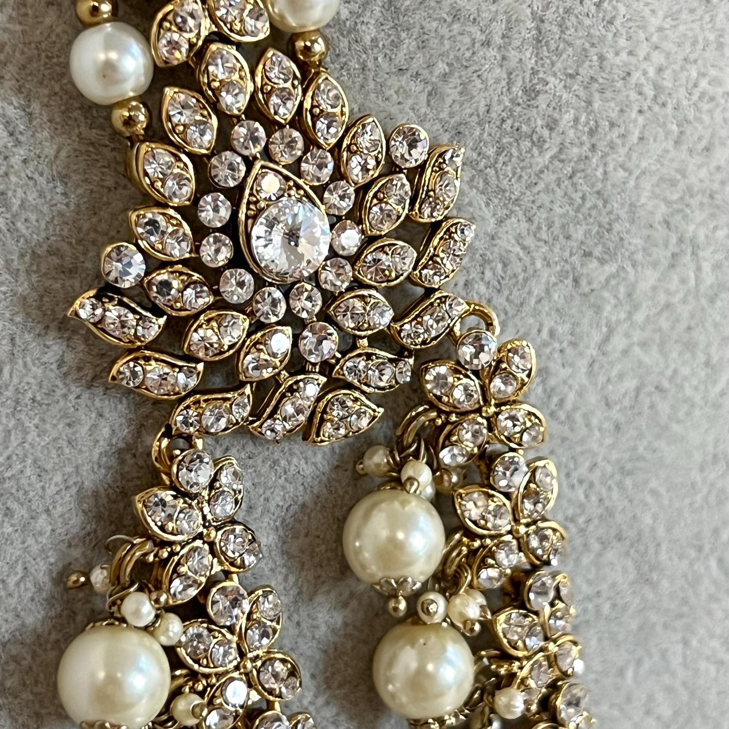 Antique Gold with Clear Rhinestone Long Necklace set With Jhumka Earring and Tikka/long necklace/ Haar/ Mala/ Earring/Wedding/Fashion/ Bride