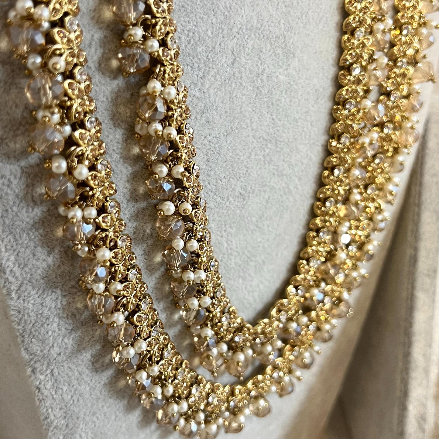 Gold /Antique Gold with Golden Rhinestone Long Necklace set With Jhumka Earring and Tikka/long necklace/ Haar/ Mala/ Earring/Wedding/Fashion