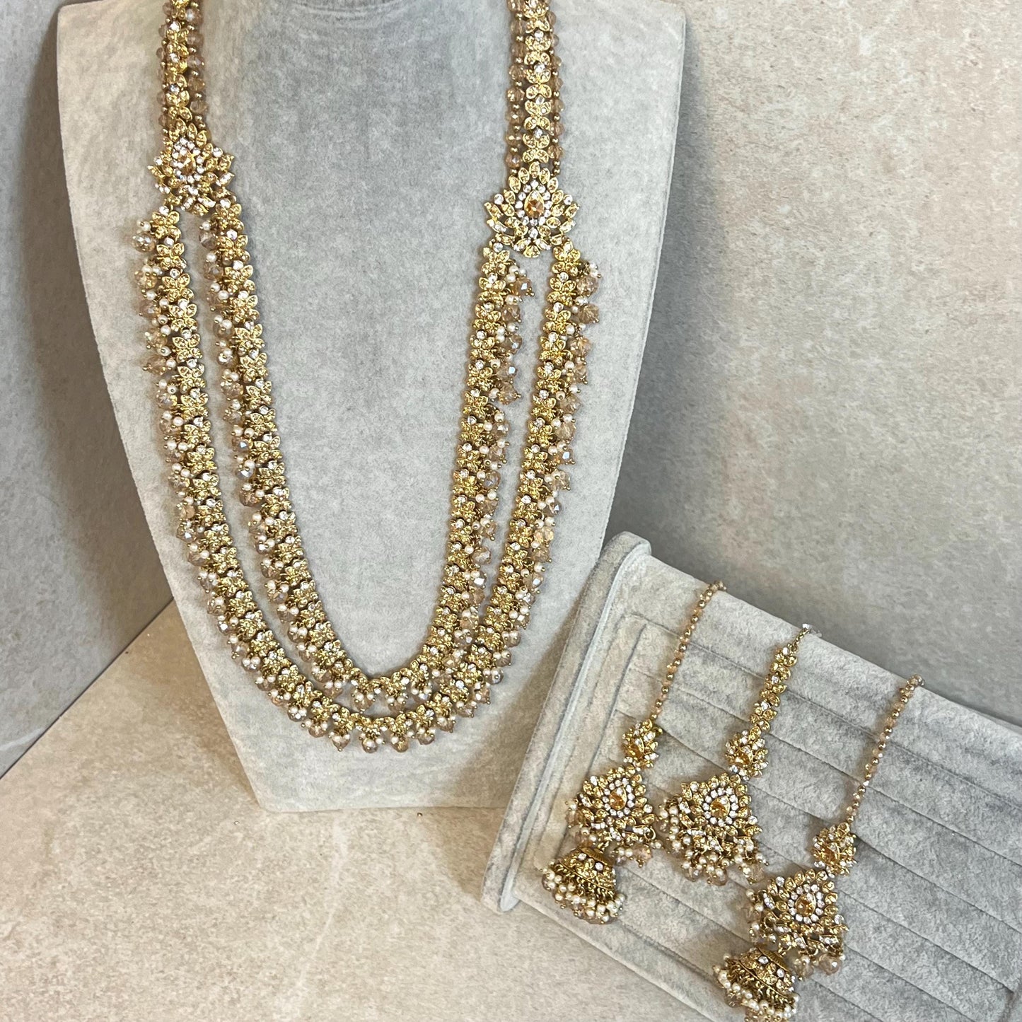 Gold /Antique Gold with Golden Rhinestone Long Necklace set With Jhumka Earring and Tikka/long necklace/ Haar/ Mala/ Earring/Wedding/Fashion