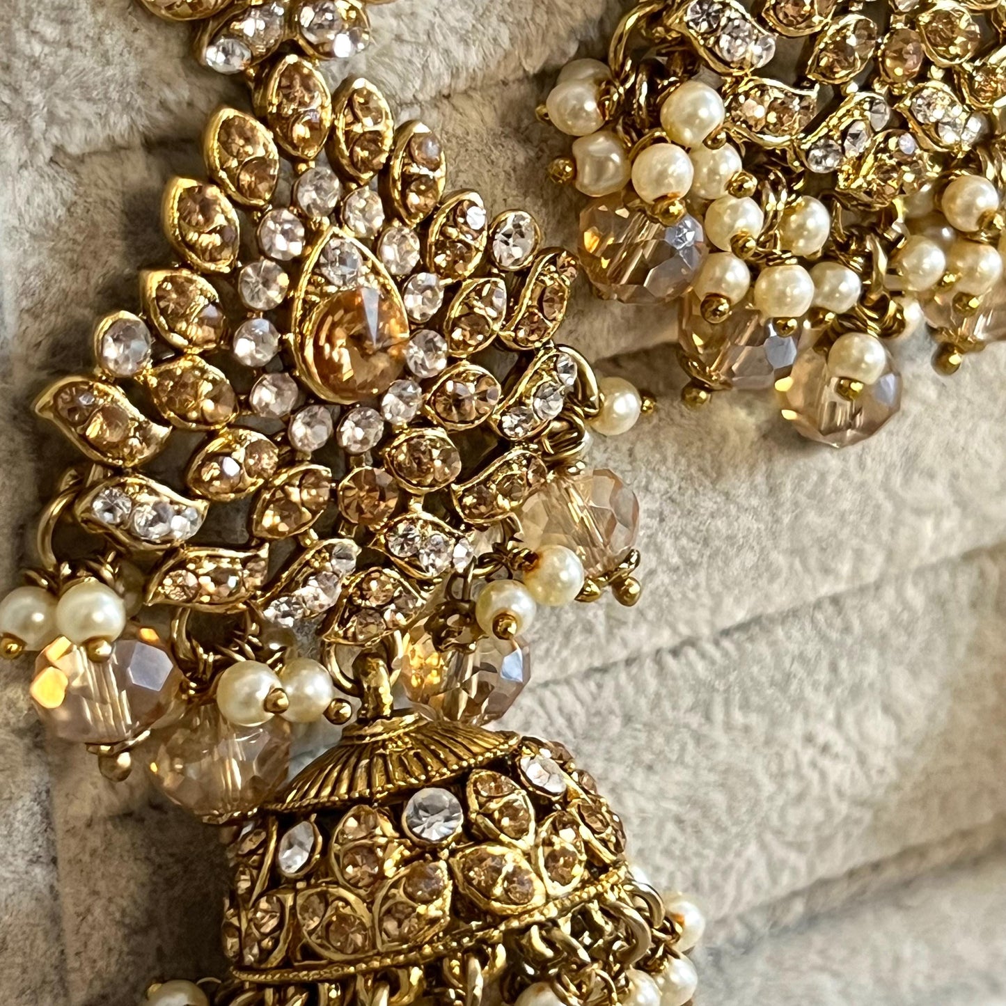 Gold /Antique Gold with Golden Rhinestone Long Necklace set With Jhumka Earring and Tikka/long necklace/ Haar/ Mala/ Earring/Wedding/Fashion