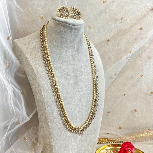 Champagne/ Pearl-Long Necklace and Earring set/Antique Gold with Zircon Crystal and Stud earring. No Tikka/ Pakistani/ Indian Fashion Set