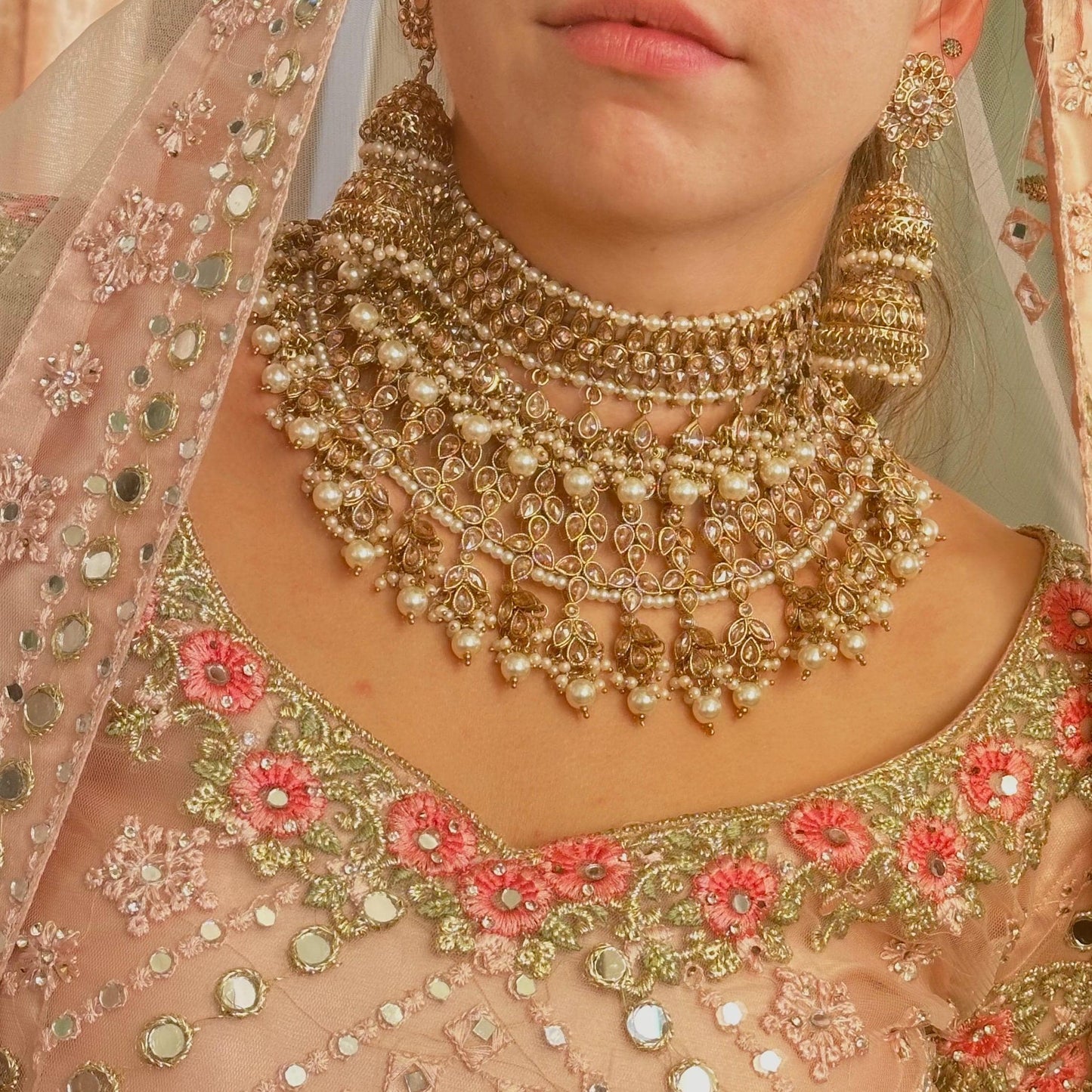 Pearl Double Bridal Set , Antique gold with Champagne Zircon Crystals- Indian/ Pakistani Style/Bridal set/Wedding/ Gold/ Jhumka earring