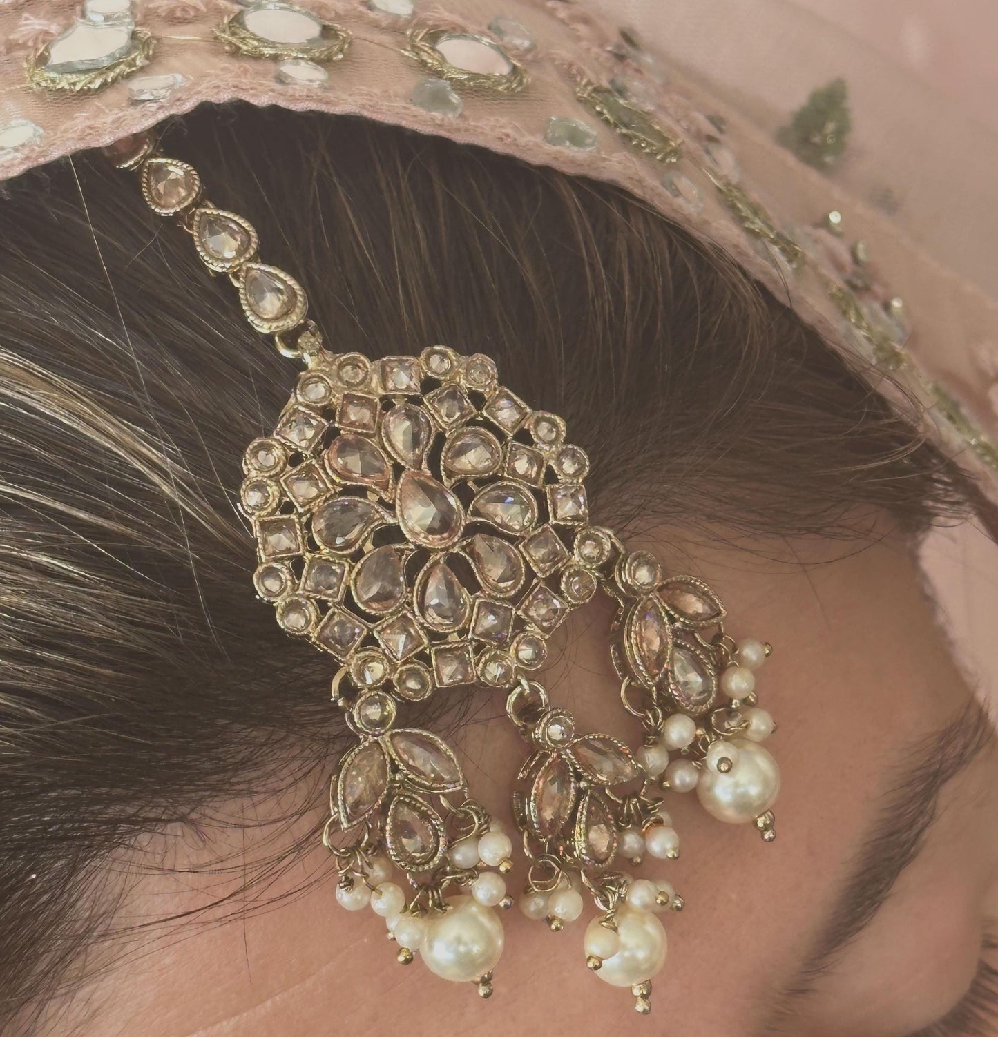 Pearl Double Bridal Set , Antique gold with Champagne Zircon Crystals- Indian/ Pakistani Style/Bridal set/Wedding/ Gold/ Jhumka earring