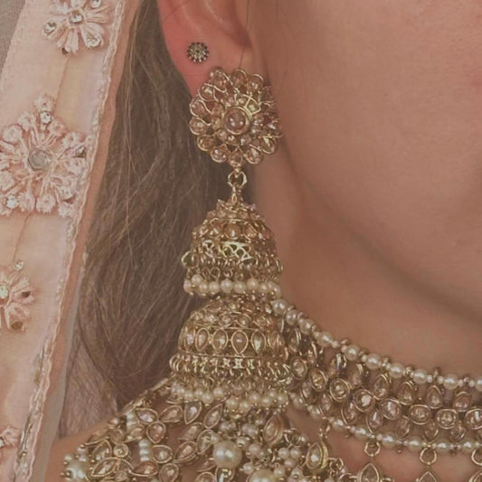 Pearl Jhumka Earring, Antique gold with Champagne Zircon Crystals- Indian/ Pakistani Style/Bridal set/Wedding/ Gold/ Jhumka earring