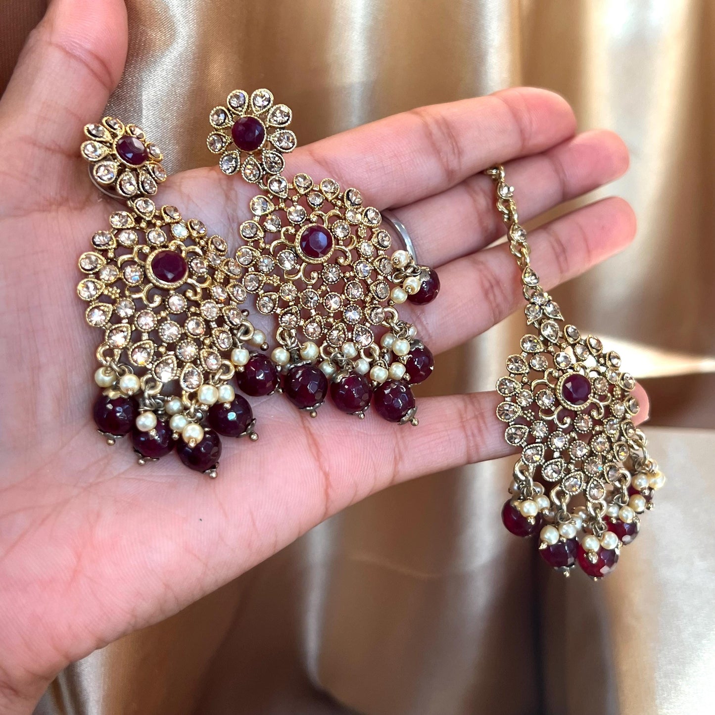 Maroon Earring and Tikka only/  Flat Earring Indian/ Pakistani Style/ Gift/ High Quality Lightweight Jewellery/ Desi Fashion/ Sale