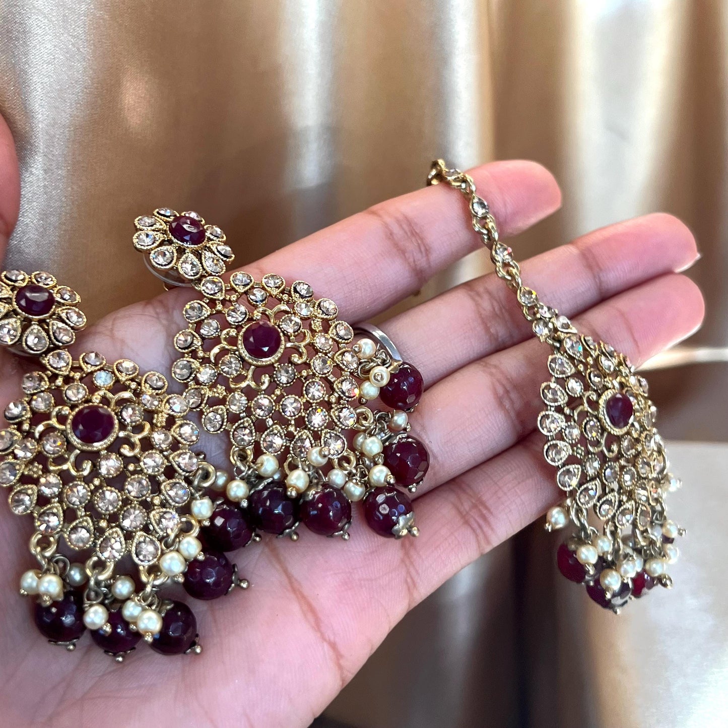 Maroon Earring and Tikka only/  Flat Earring Indian/ Pakistani Style/ Gift/ High Quality Lightweight Jewellery/ Desi Fashion/ Sale