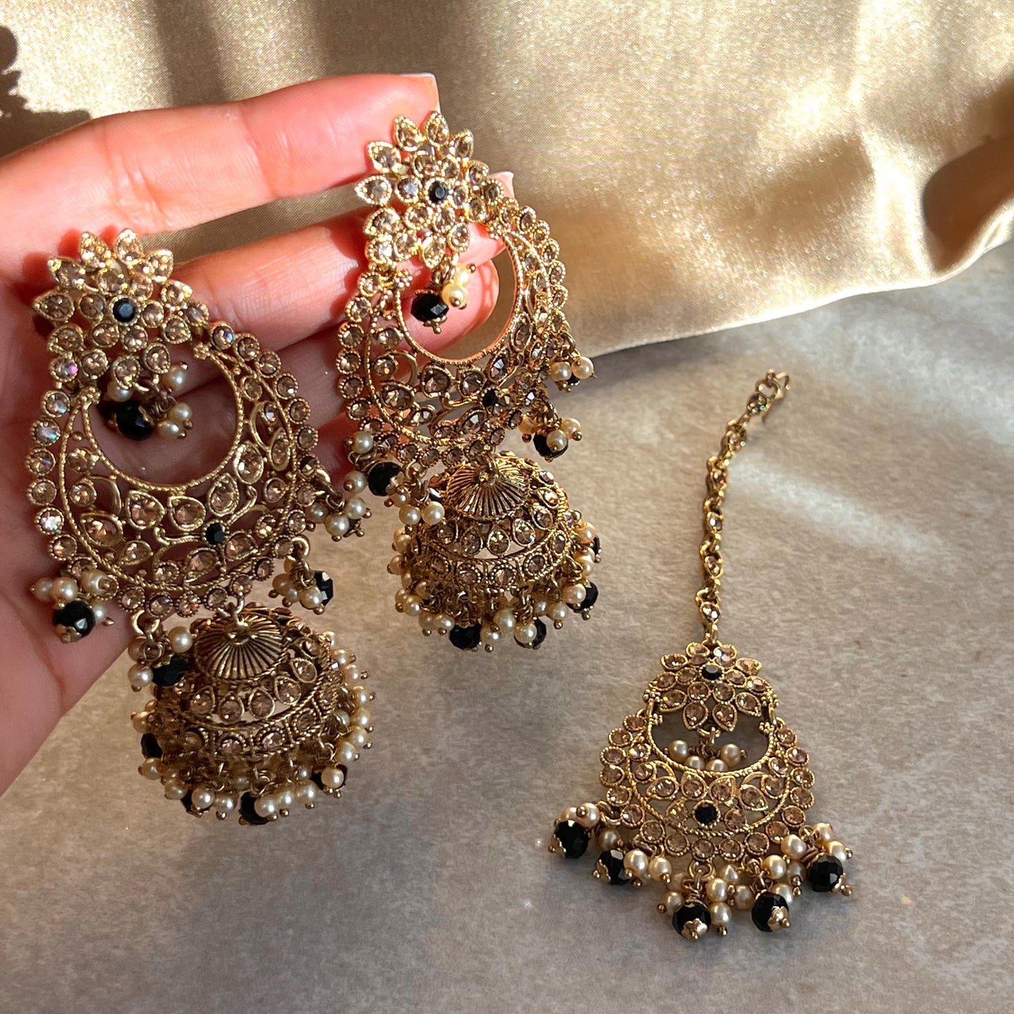 Large Black Gold Jhumka Earring and Tikka Set- Black/Party Earring Indian/ Pakistani Style/ Sale/ High Quality Gift for Her