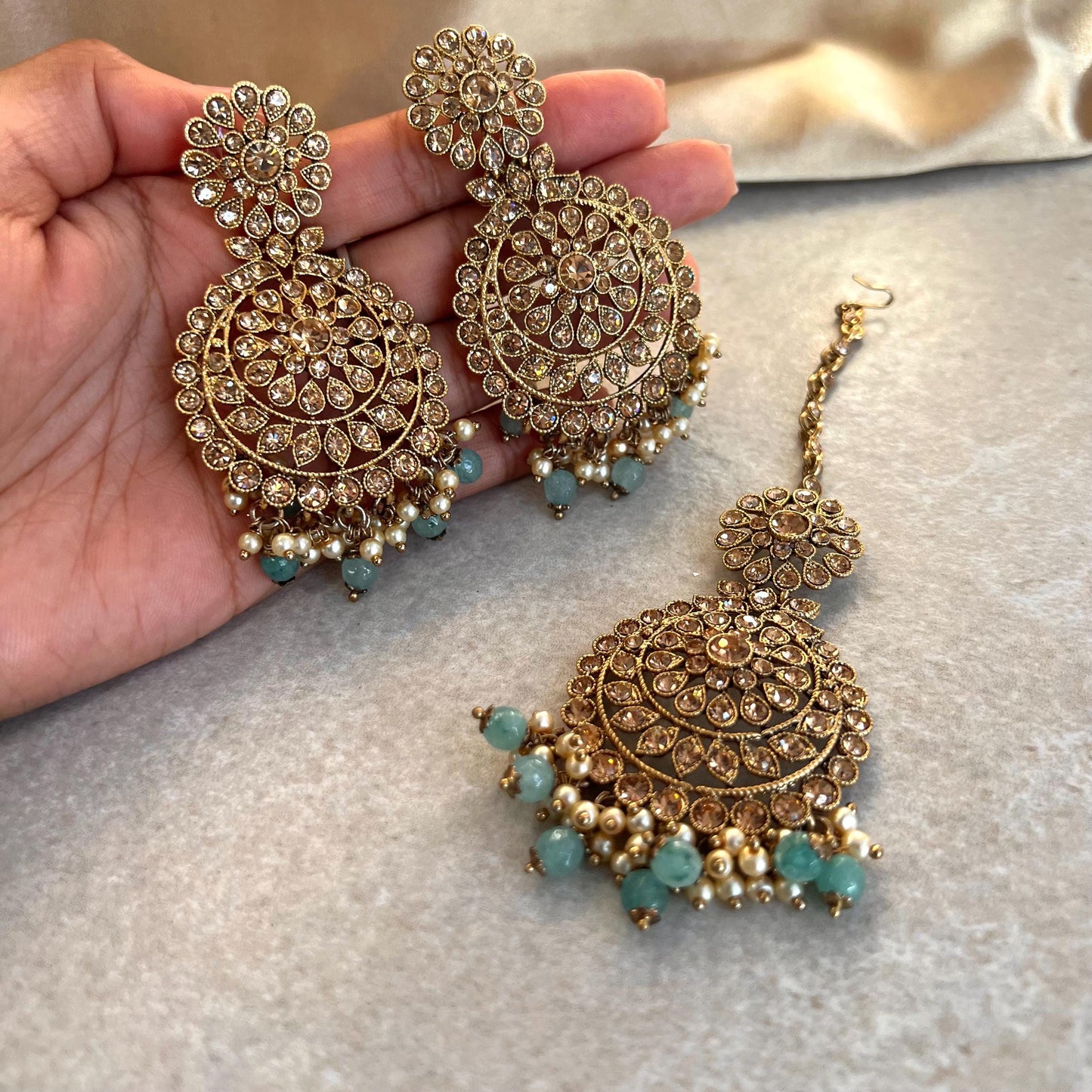 Blue Gold Earring and Tikka only/  Flat Earring Indian/ Pakistani Style/ Gift/ High Quality Lightweight Jewellery/ Desi Fashion/ Sale