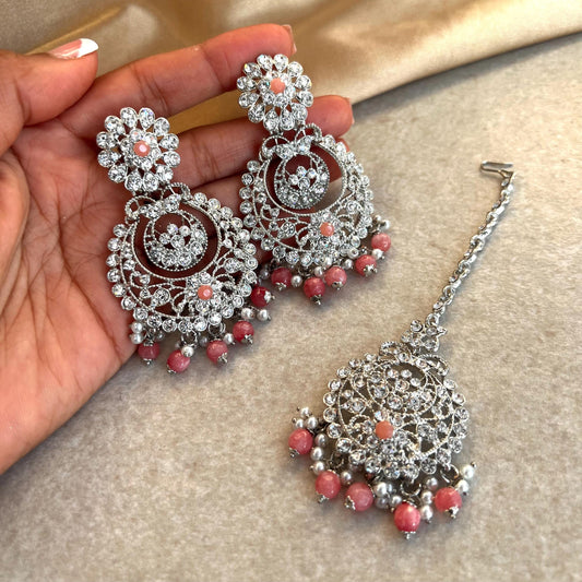 Coral Pink Silver Earring and Tikka only/  Flat Earring Indian/ Pakistani Style/ Gift/ High Quality Lightweight Jewellery/ Desi Fashion/Sale