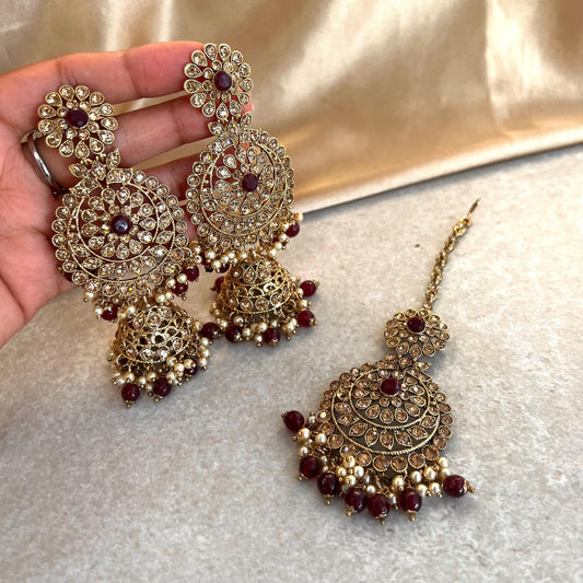 Large Maroon Gold Jhumka Earring and Tikka Set- Black/Party Earring Indian/ Pakistani Style/ Sale/ High Quality Gift for Her