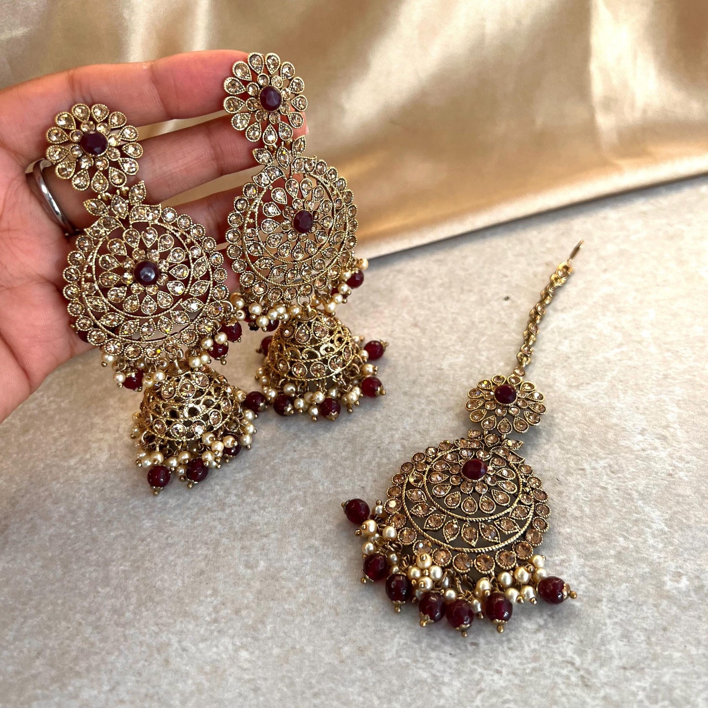 Large Maroon Gold Jhumka Earring and Tikka Set- Black/Party Earring Indian/ Pakistani Style/ Sale/ High Quality Gift for Her