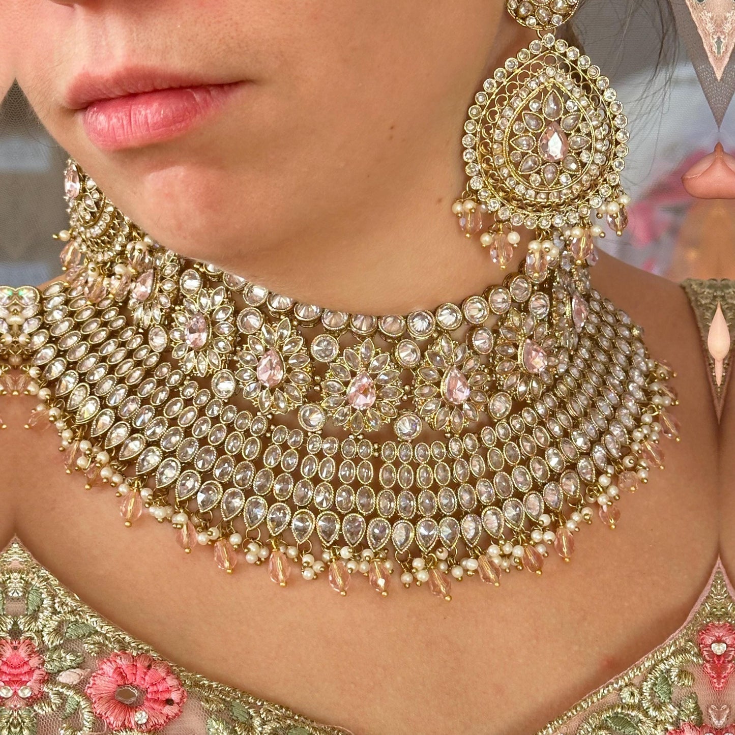 Antique Gold Pink & Clear Bridal Set/Pakistani/Fashion Jewellery/Bridal Jewellery/ Pink Bridal Jewellery/ Gift for Women