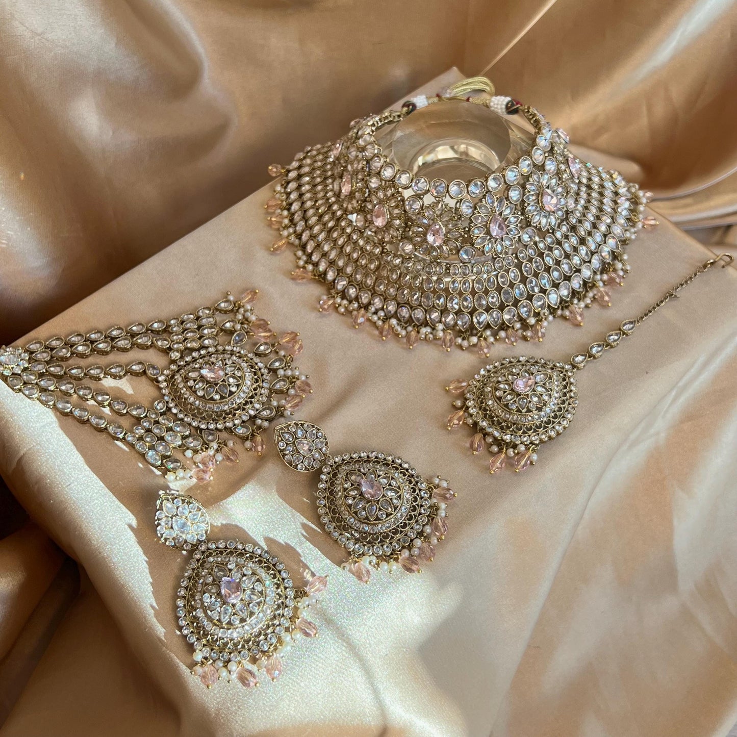Antique Gold Pink & Clear Bridal Set/Pakistani/Fashion Jewellery/Bridal Jewellery/ Pink Bridal Jewellery/ Gift for Women