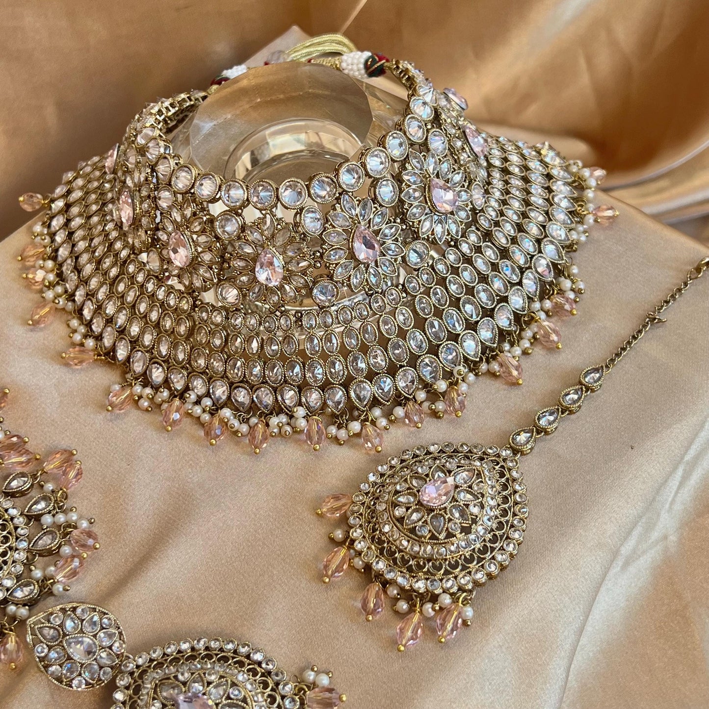 Antique Gold Pink & Clear Bridal Set/Pakistani/Fashion Jewellery/Bridal Jewellery/ Pink Bridal Jewellery/ Gift for Women