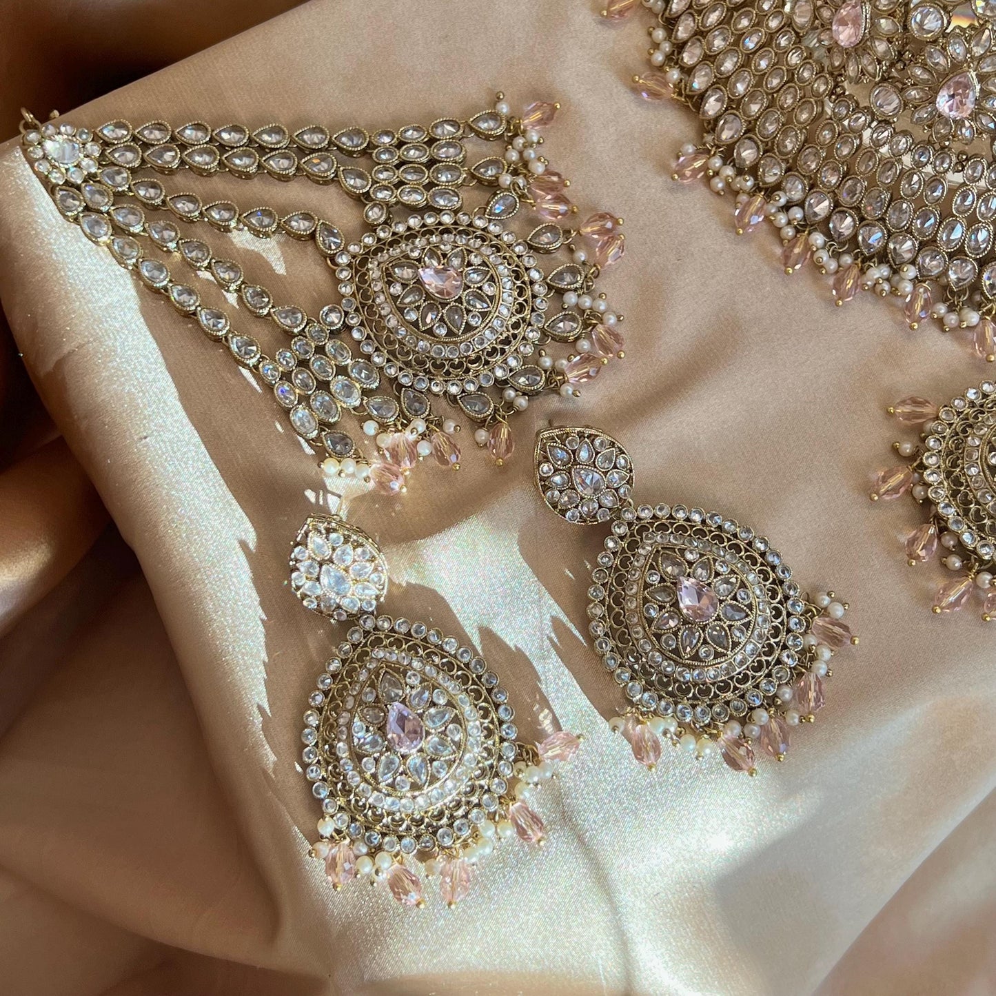 Antique Gold Pink & Clear Bridal Set/Pakistani/Fashion Jewellery/Bridal Jewellery/ Pink Bridal Jewellery/ Gift for Women