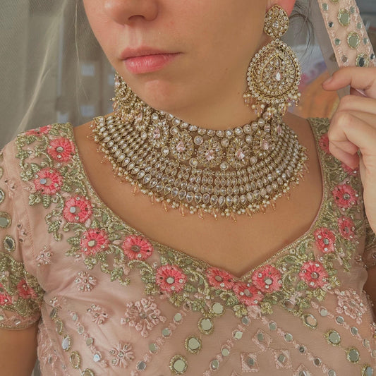 Antique Gold Pink & Clear Bridal Set/Pakistani/Fashion Jewellery/Bridal Jewellery/ Pink Bridal Jewellery/ Gift for Women