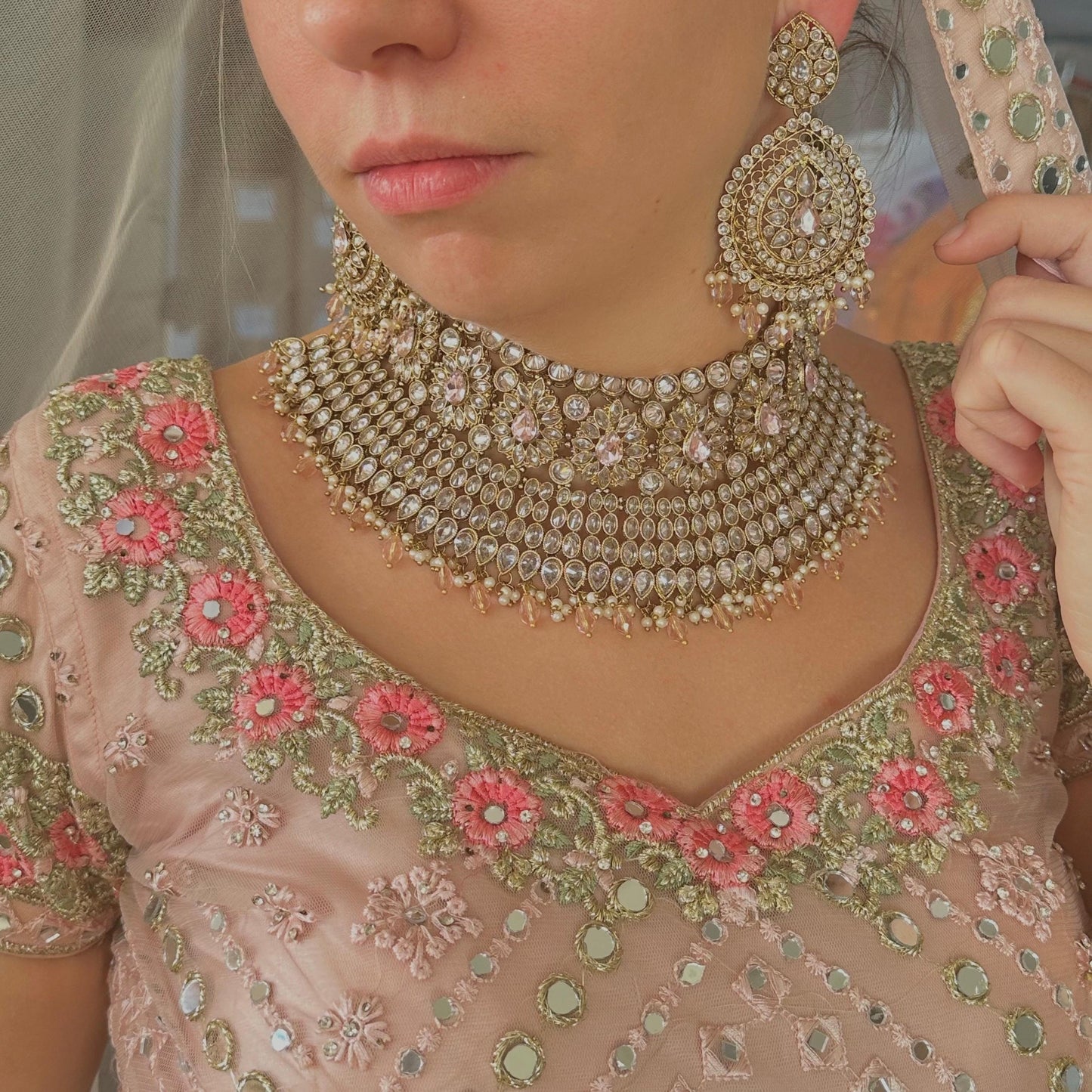 Antique Gold Pink & Clear Bridal Set/Pakistani/Fashion Jewellery/Bridal Jewellery/ Pink Bridal Jewellery/ Gift for Women