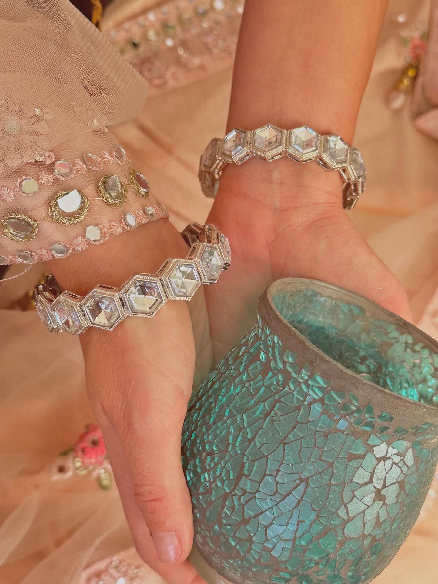 Set of 2 Silver Faux Kundan Kada Bangles in 2.6 /Jhumki Bangles/Indian/ Pakistani/Jewelley/ Fashion Bracelet