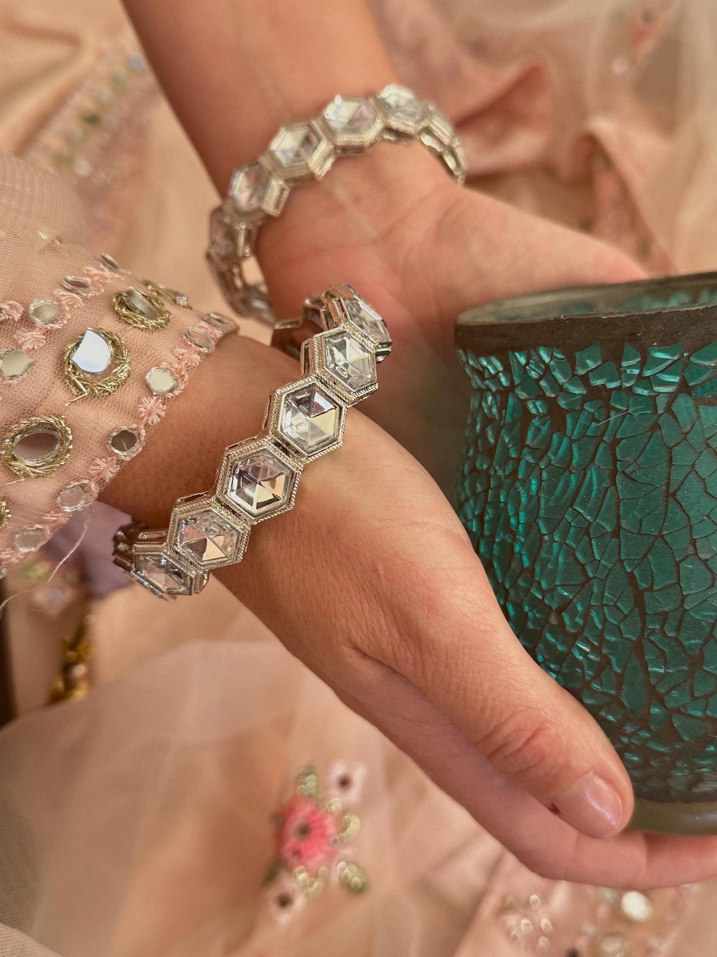 Set of 2 Silver Faux Kundan Kada Bangles in 2.6 /Jhumki Bangles/Indian/ Pakistani/Jewelley/ Fashion Bracelet