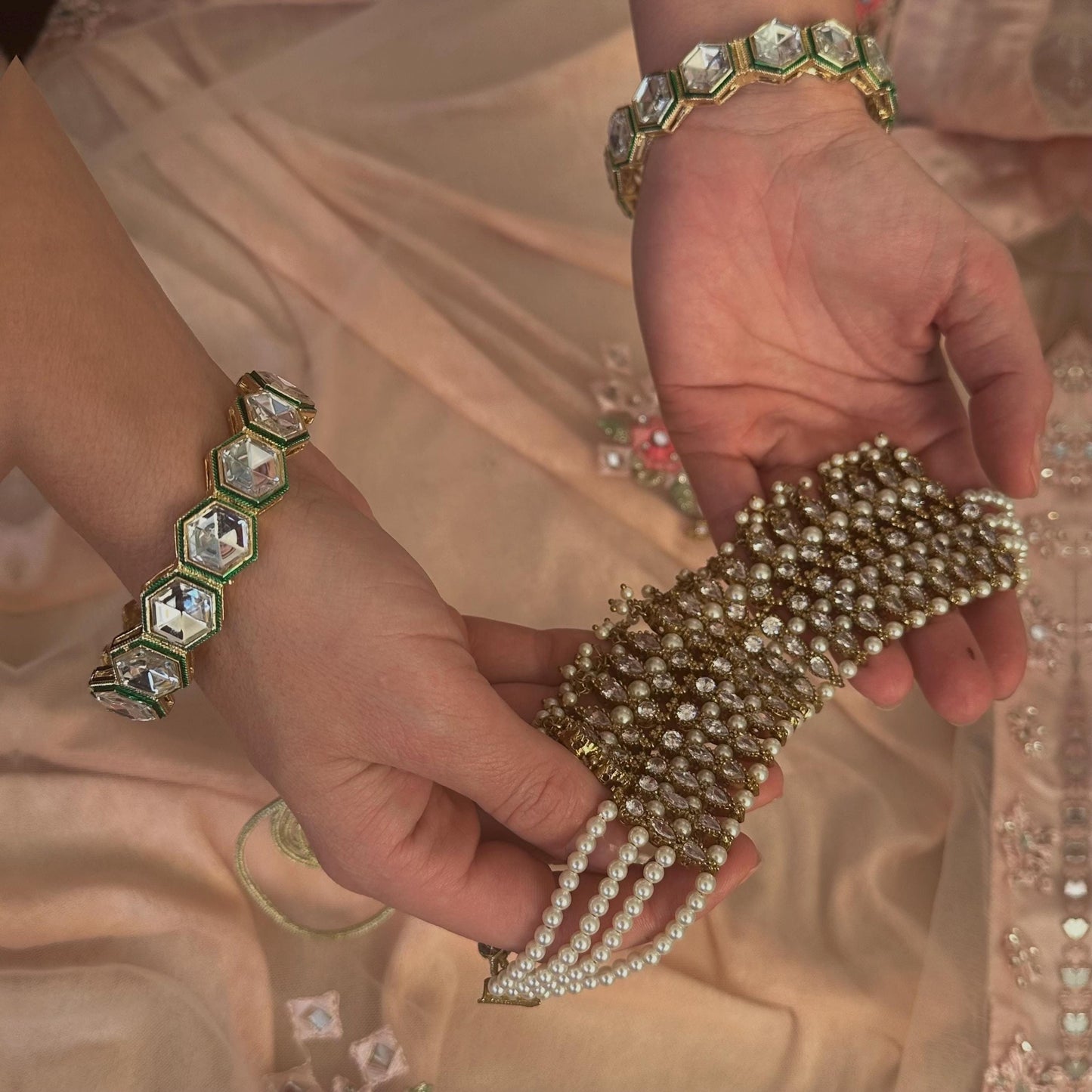 Set of 2 Green Faux Kundan Kada Bangles in 2.6 /Indian Bangles/Indian/ Pakistani/Jewelley/ Fashion Bracelet