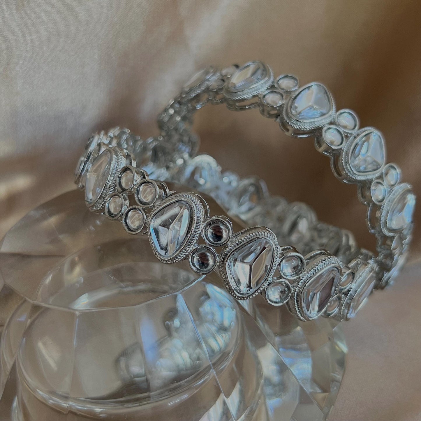 Set of 2 Silver Faux Kundan Kada Bangles in 2.6 /Indian Bangles/Indian/ Pakistani/Jewelley/ Fashion Bracelet