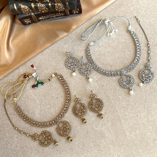 Crystal Necklace Set - Antique Gold/ Silver/ with Zircon Crystals/ Reception/ Wedding/ Civil/Simple Set/ Earring and Tikka/Gift/ Partywear