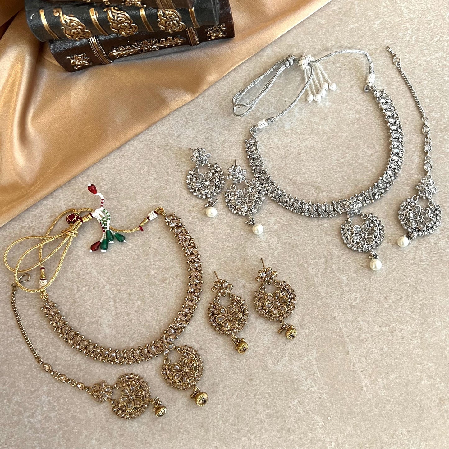 Crystal Necklace Set - Antique Gold/ Silver/ with Zircon Crystals/ Reception/ Wedding/ Civil/Simple Set/ Earring and Tikka/Gift/ Partywear