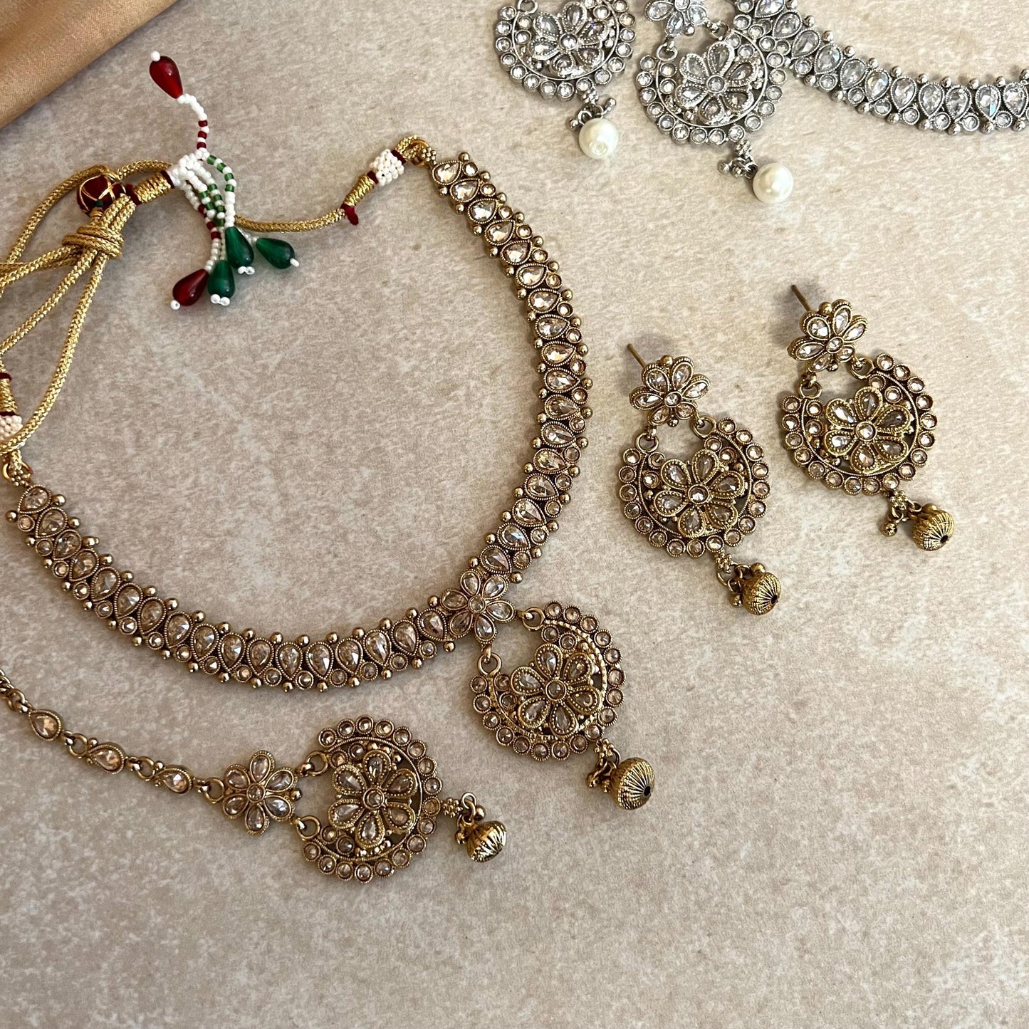 Crystal Necklace Set - Antique Gold/ Silver/ with Zircon Crystals/ Reception/ Wedding/ Civil/Simple Set/ Earring and Tikka/Gift/ Partywear