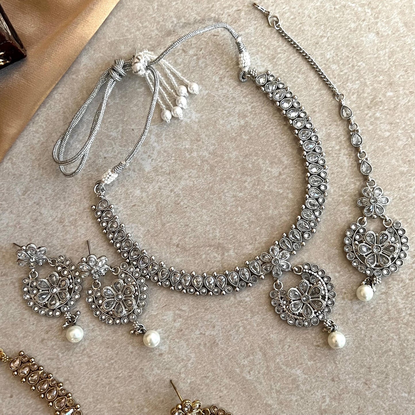 Crystal Necklace Set - Antique Gold/ Silver/ with Zircon Crystals/ Reception/ Wedding/ Civil/Simple Set/ Earring and Tikka/Gift/ Partywear