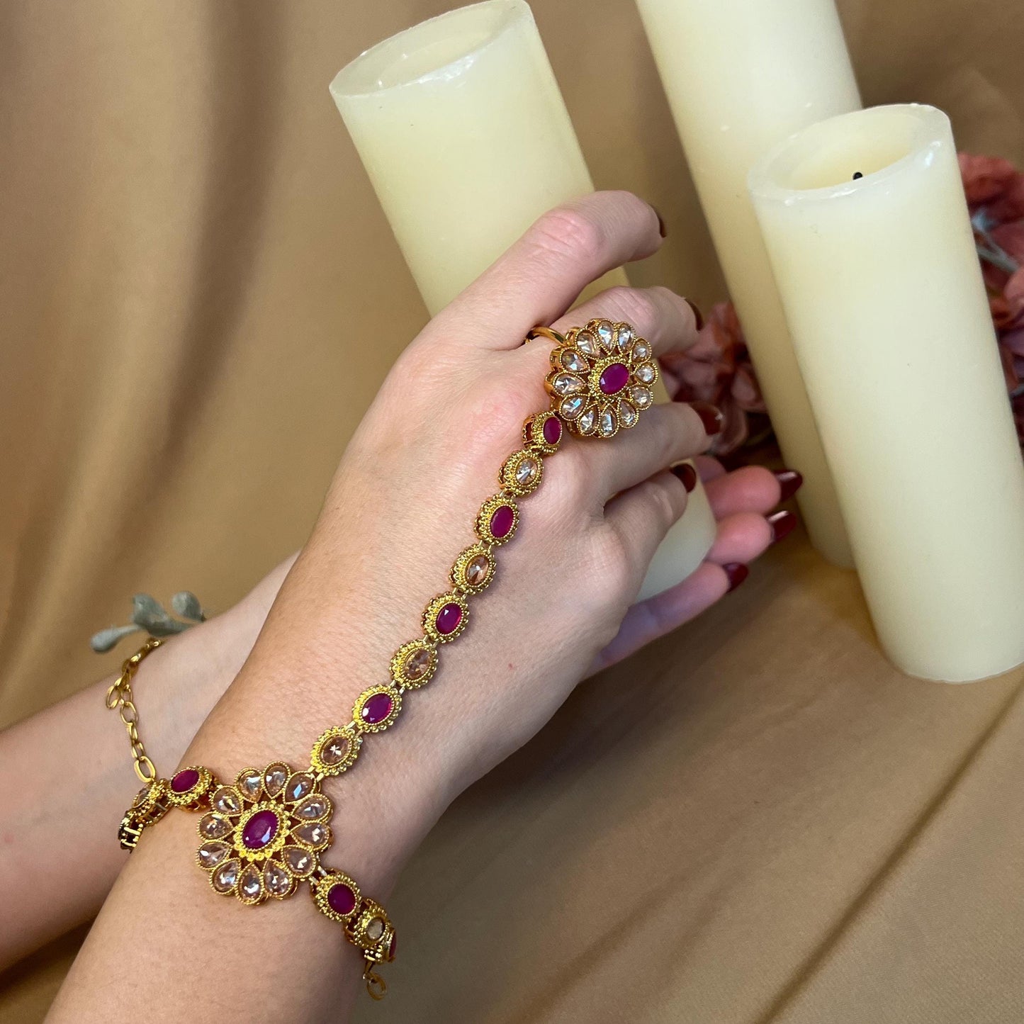 Matte Ruby Clear Hand Harness/Gold Hathpool/Clear Hathpool/Golden Harnesses/Indian/ Pakistani/Jewellery/ Fashion Bracelet/ Clear