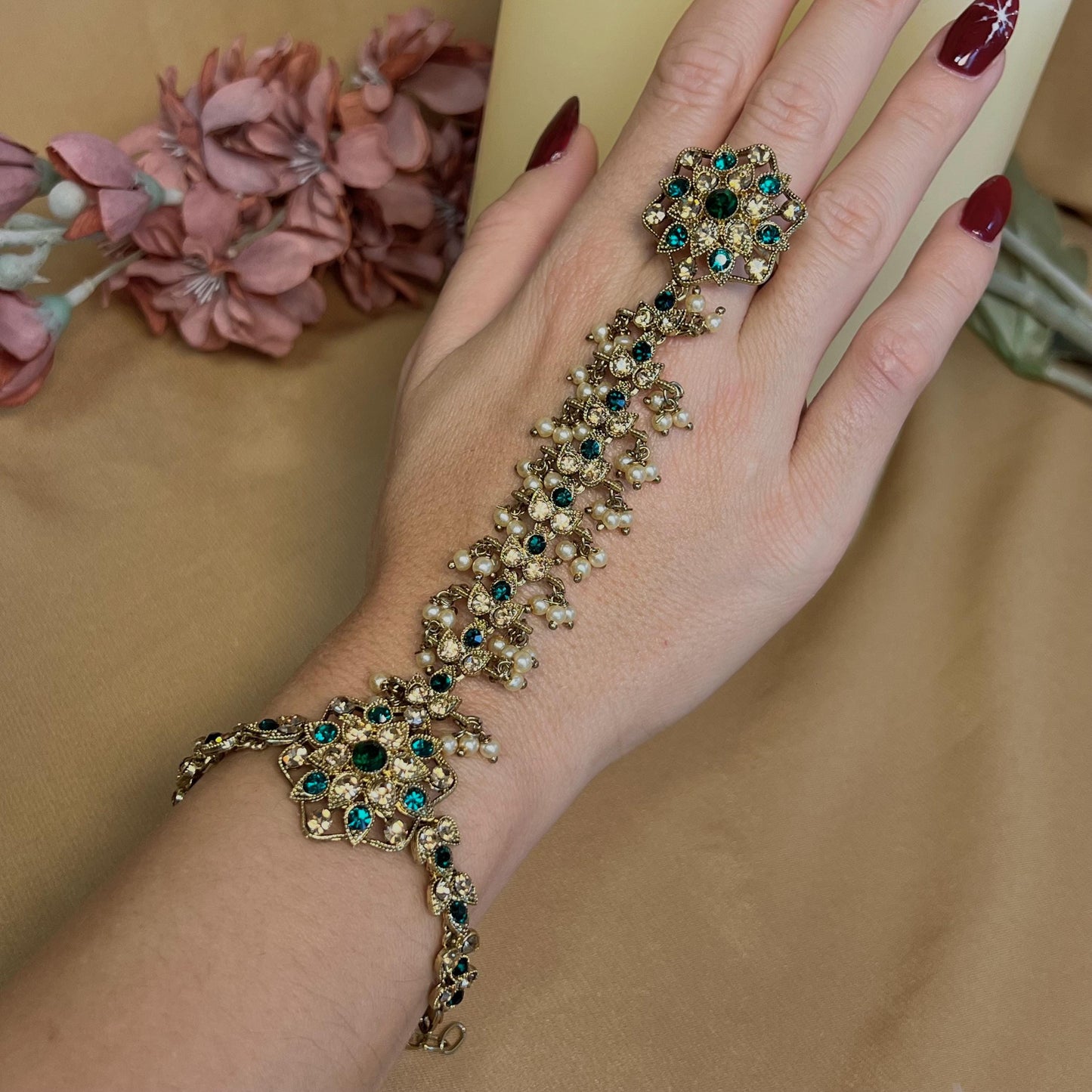 Hand Harness - Golden/ Green/ Fashion Jewellery/ Gift for Women/Indian/Pakistani style /Haathphool/Hand Accessory