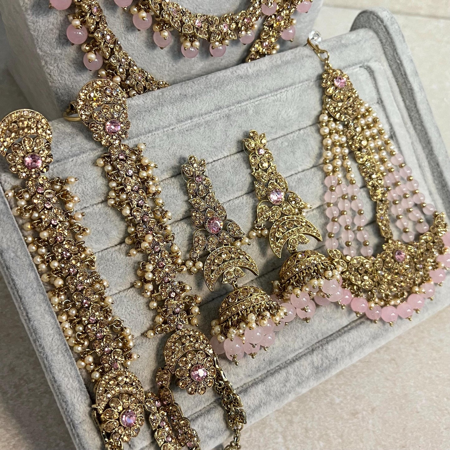 Light Pink/Gold long Choker Set/ Mala/Earring/ Jhumar and 2 Hand Harness Indian/ Pakistani/Fashion Jewellery/No Tikka/ Bridal/Choker Set