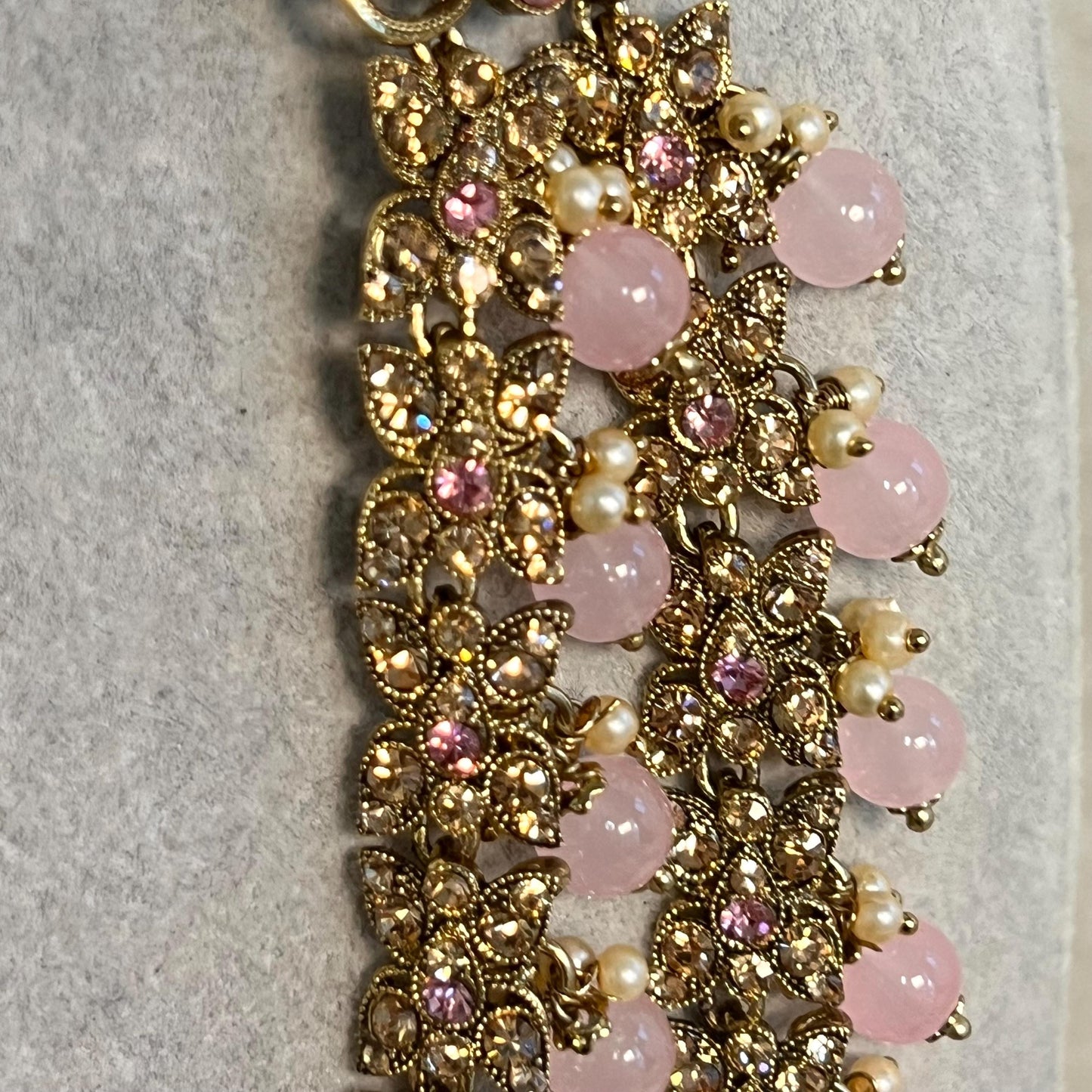 Light Pink/Gold long Choker Set/ Mala/Earring/ Jhumar and 2 Hand Harness Indian/ Pakistani/Fashion Jewellery/No Tikka/ Bridal/Choker Set