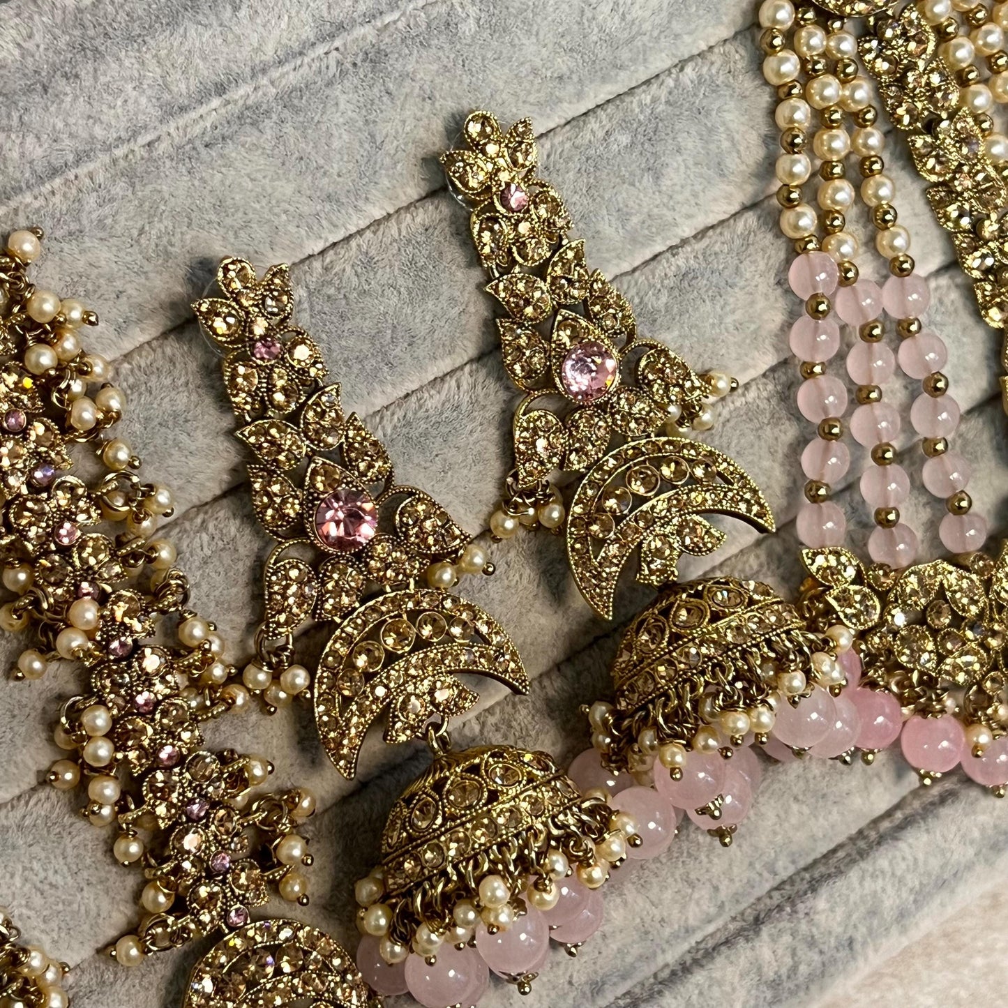 Light Pink/Gold long Choker Set/ Mala/Earring/ Jhumar and 2 Hand Harness Indian/ Pakistani/Fashion Jewellery/No Tikka/ Bridal/Choker Set