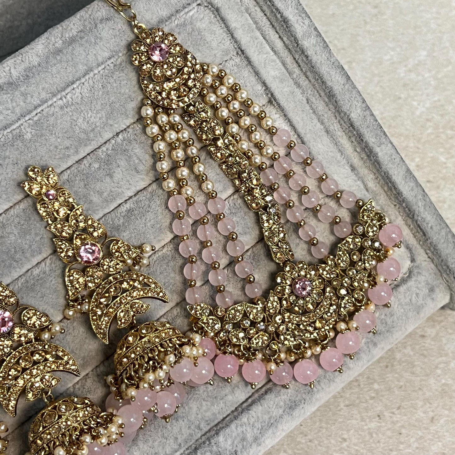 Light Pink/Gold long Choker Set/ Mala/Earring/ Jhumar and 2 Hand Harness Indian/ Pakistani/Fashion Jewellery/No Tikka/ Bridal/Choker Set