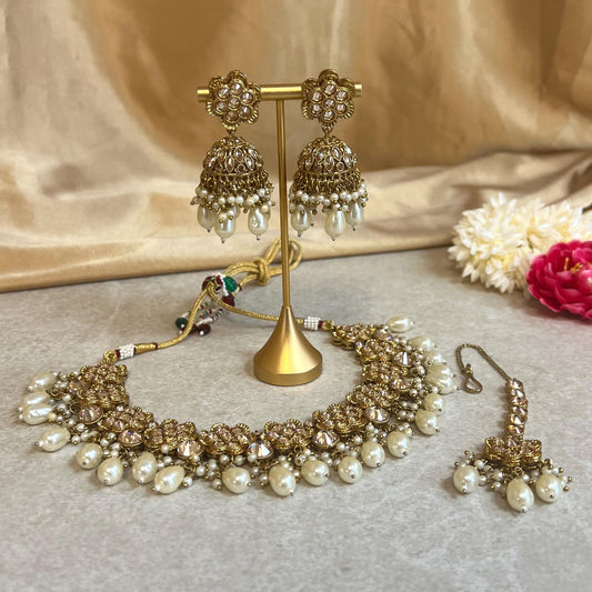 Pearl Antique Gold with Champagne Zircon Crystals.  Necklace Set Small Stud Earring and Tikka/ Indian/ Pakistani/Fashion Jewellery/ Gift