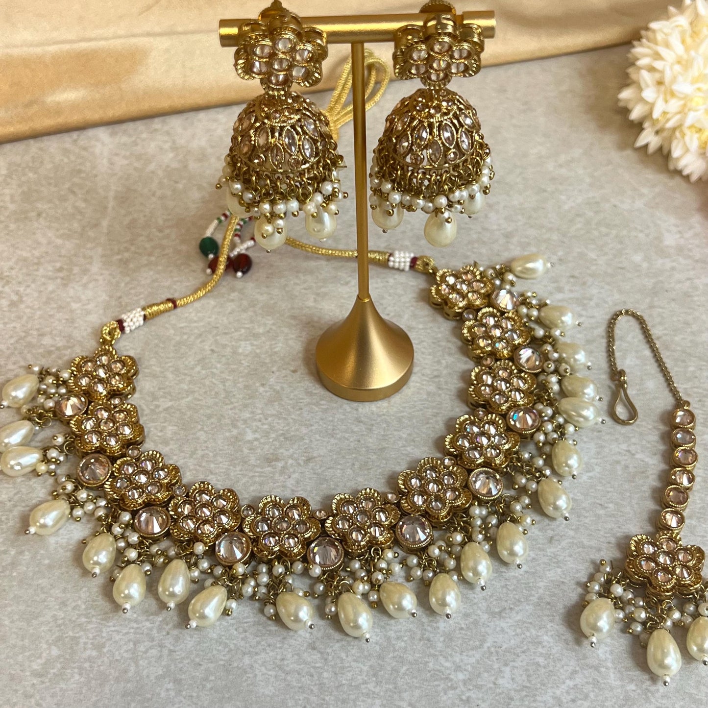 Pearl Antique Gold with Champagne Zircon Crystals.  Necklace Set Small Stud Earring and Tikka/ Indian/ Pakistani/Fashion Jewellery/ Gift