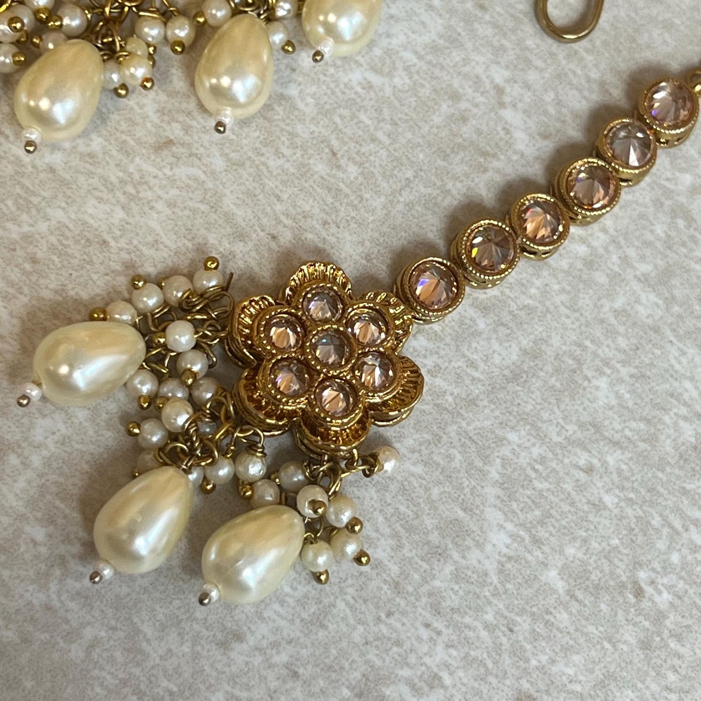 Pearl Antique Gold with Champagne Zircon Crystals.  Necklace Set Small Stud Earring and Tikka/ Indian/ Pakistani/Fashion Jewellery/ Gift