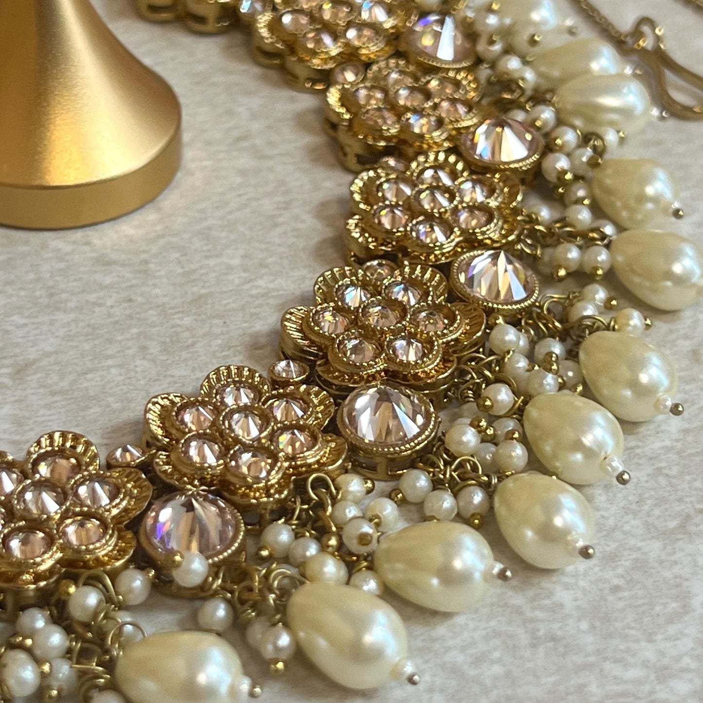 Pearl Antique Gold with Champagne Zircon Crystals.  Necklace Set Small Stud Earring and Tikka/ Indian/ Pakistani/Fashion Jewellery/ Gift