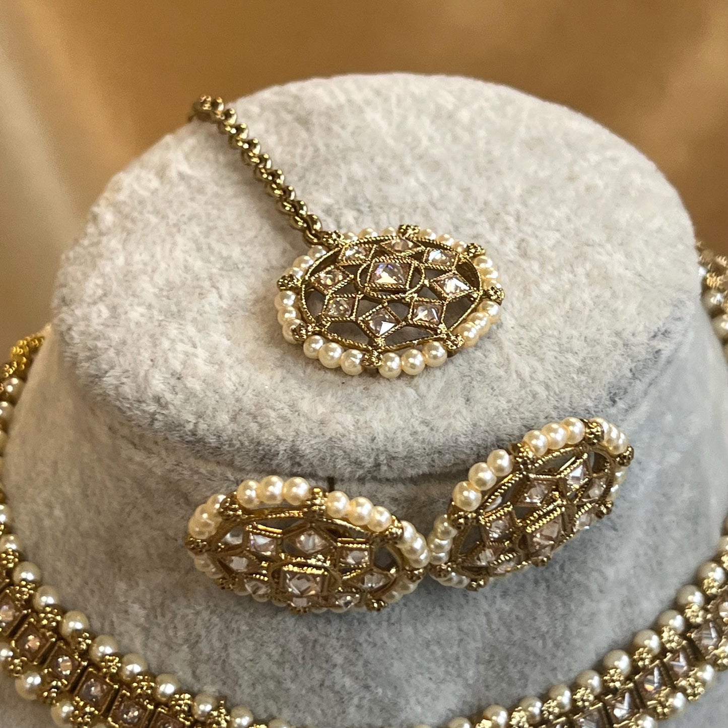 Pearl Thin Necklace Set Earring/ Tikka/ Tikli/ Indian/ Pakistani/Fashion Jewellery/ Gift for Women/ Antique Gold with Champagne crystals