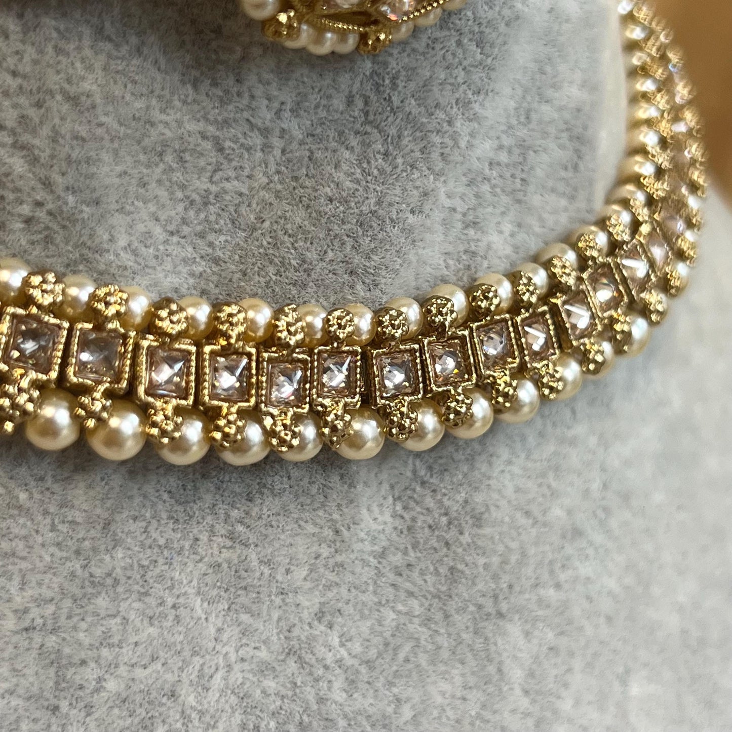 Pearl Thin Necklace Set Earring/ Tikka/ Tikli/ Indian/ Pakistani/Fashion Jewellery/ Gift for Women/ Antique Gold with Champagne crystals