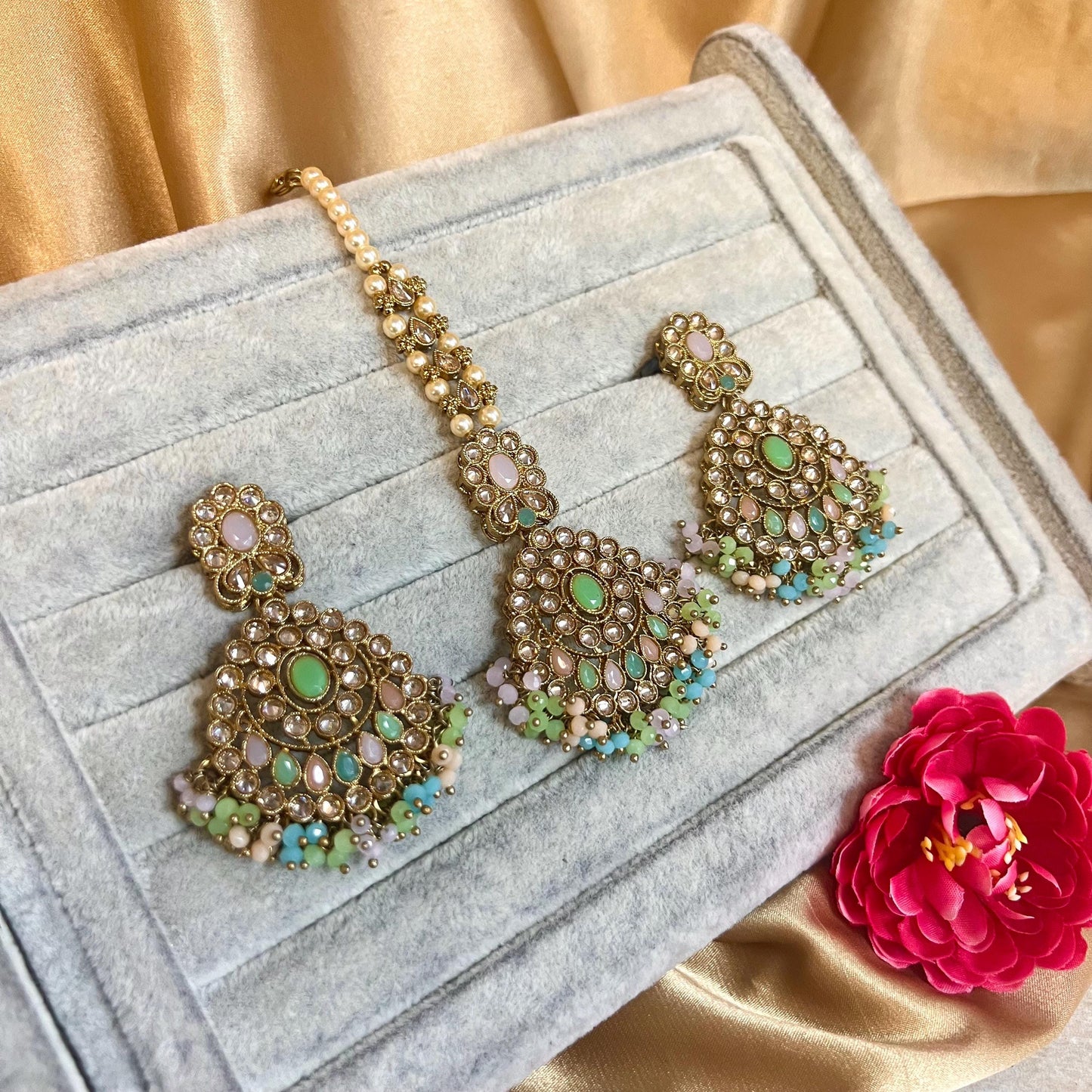 Pastel - Multicolour Pretty Earrings and Tikka Set/ Henna party/Pakistani/ Indian Style Earring/ Antique Gold with Champagne Crystals