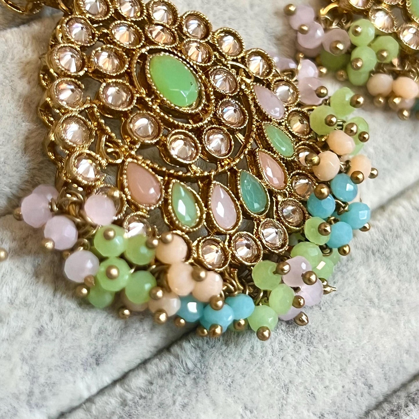 Pastel - Multicolour Pretty Earrings and Tikka Set/ Henna party/Pakistani/ Indian Style Earring/ Antique Gold with Champagne Crystals